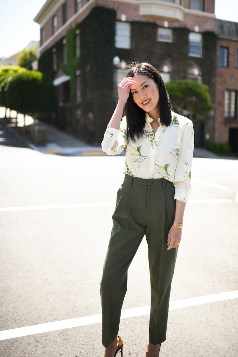 Olive pants, silk blouse