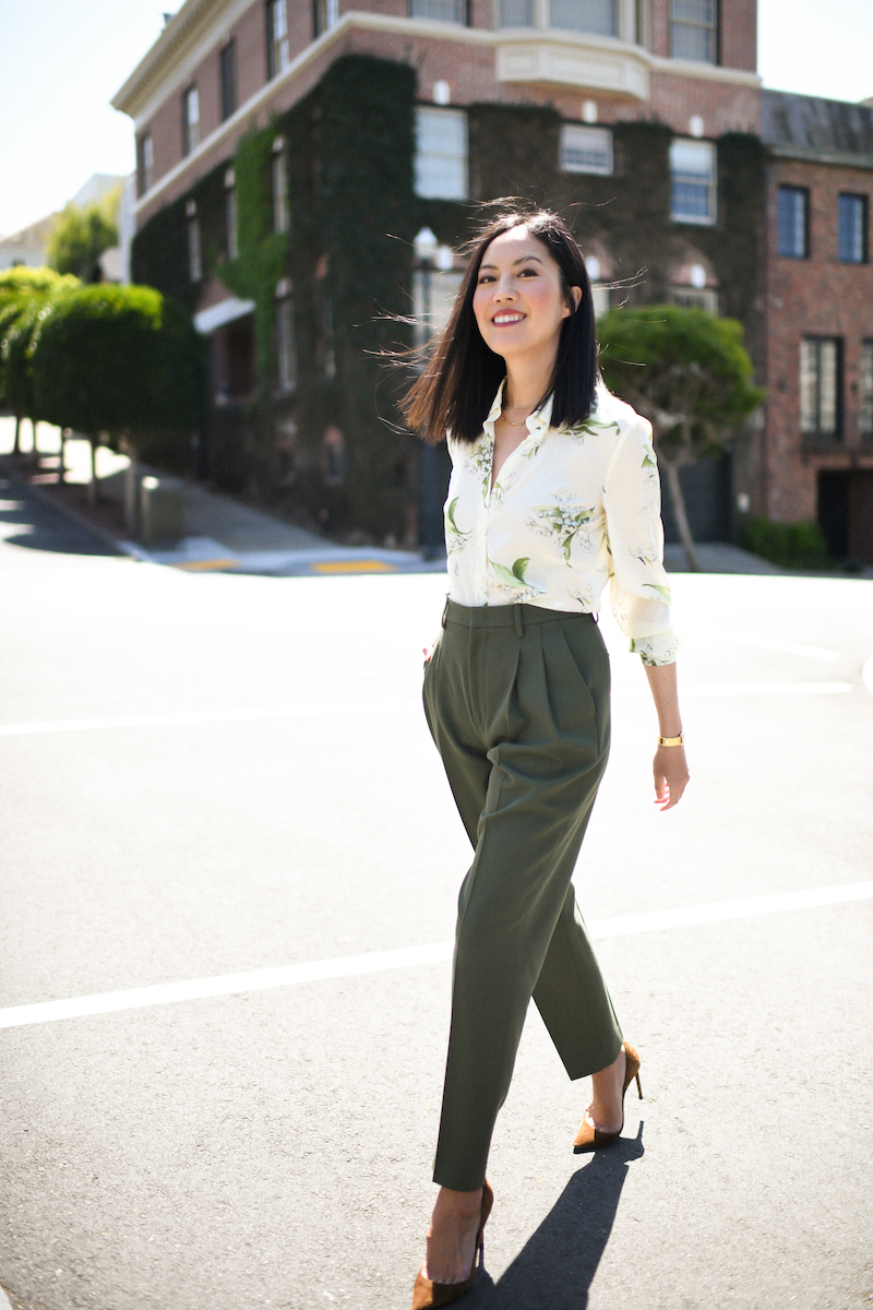 Olive pants, silk blouse