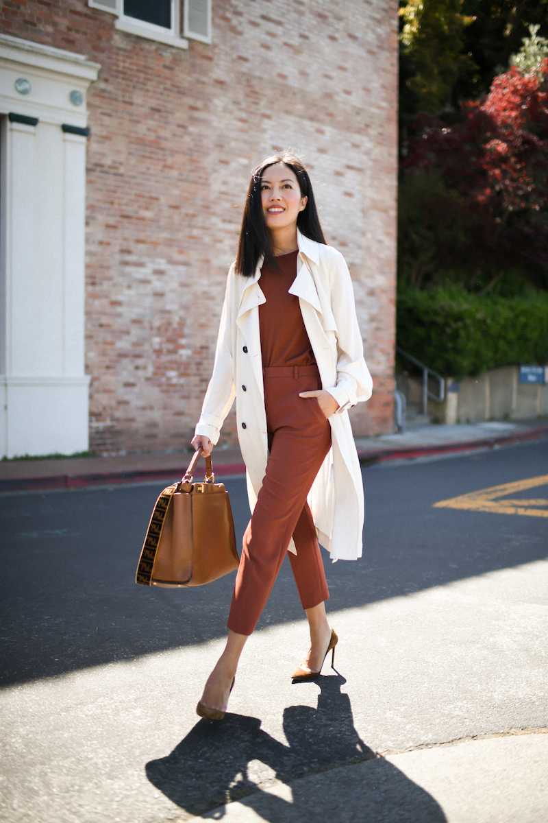 Beige silk trench, terracotta silk top and trousers