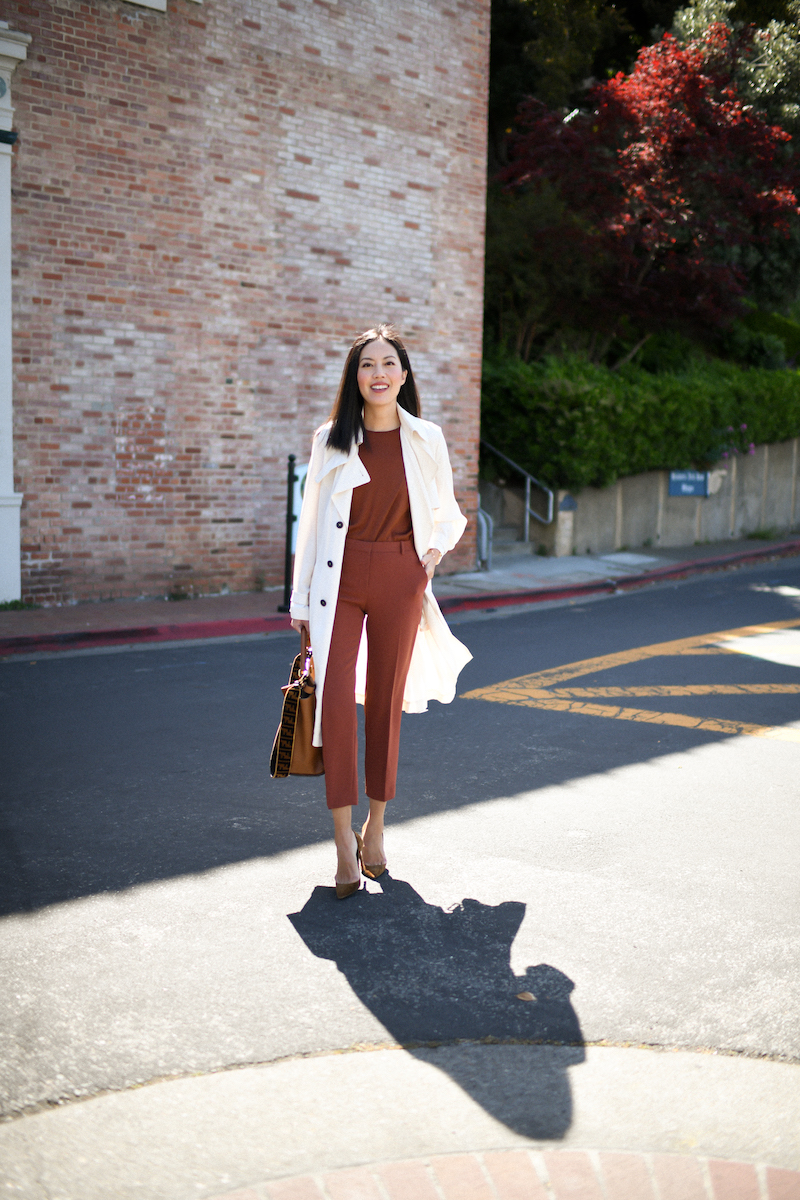 Beige silk trench, terracotta silk top and trousers